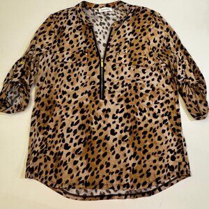 Calvin Klein Leopard Print Zip-Front Blouse Gold Hardware